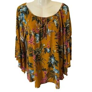 Naif Floral Blouse Medium Gold Floral Peasant Stretchy Cruise Travel Kercheif